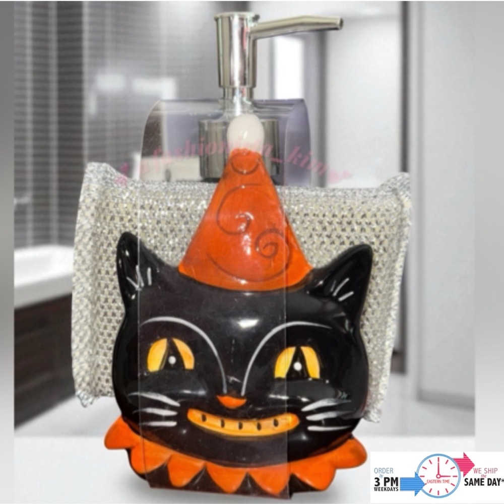 Johanna Parker Black Cat Soap Dispenser with dish sponge NWT